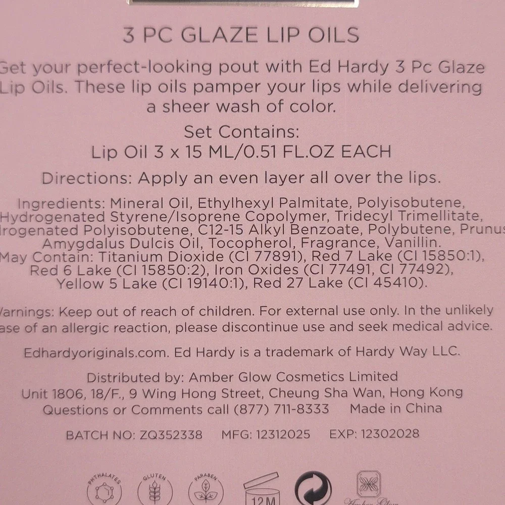 Ed Hardy Glaze & Glow 3 Pc Glaze‎ Lip Oils Set with Charms Sheer Color NIB